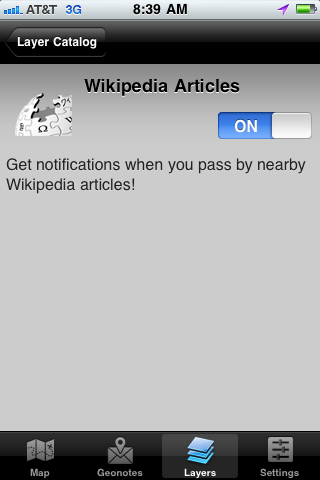 Turn on Wikipedia Articles Layer in Geoloqi