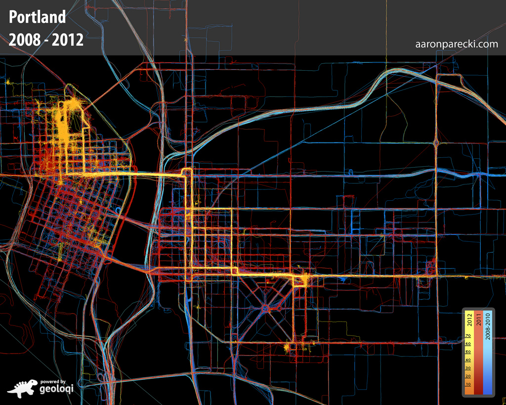 Aaron Parecki's GPS Map of Everywhere he's been in Portland since 2008